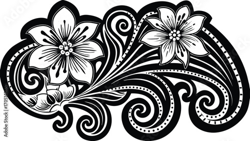 Black and white floral ornamental design with swirling vines and dots vector