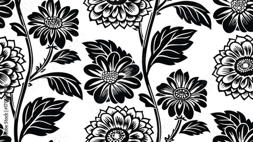 Black floral pattern with detailed petals and leaves white flowers