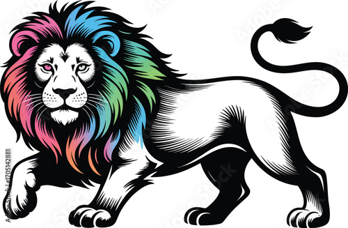 Lion with rainbow colored mane walking animal colorful