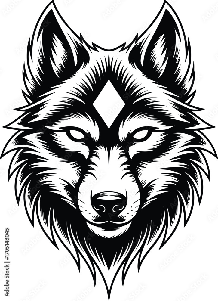 Naklejka premium Black and white wolf head with diamond symbol animal