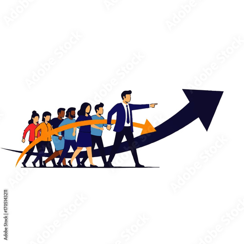 Visionary business leader guiding a diverse team forward on an upward arrow, a concept of shared growth and success