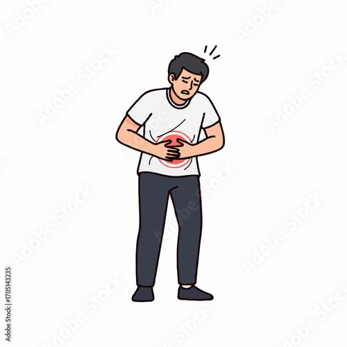 Vector Illustration of Man with Stomach Ache Holding Belly in Pain