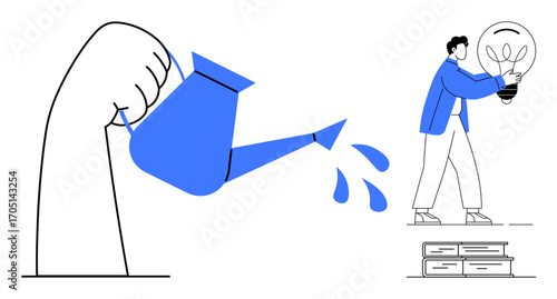 Watering hand nurturing growth as person holds light bulb plant. Themes of innovation, education, learning, teamwork, creativity, business strategy, sustainable growth. Simple flat metaphor