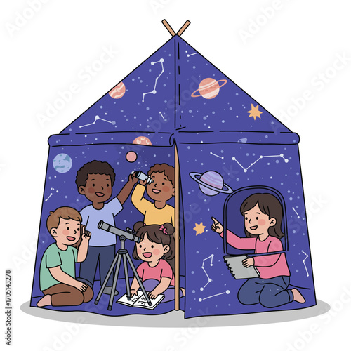 Inspiring Future Astronauts: Diverse Children Learning About Space and Science in a Play Tent Vector Illustration