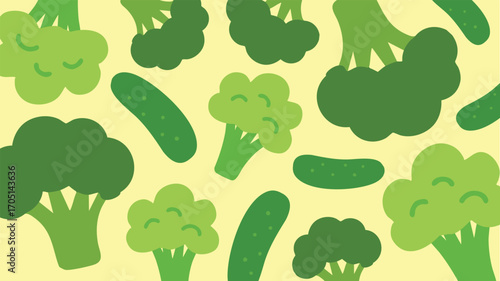 Broccoli and cucumber seamless pattern design with green vegetables