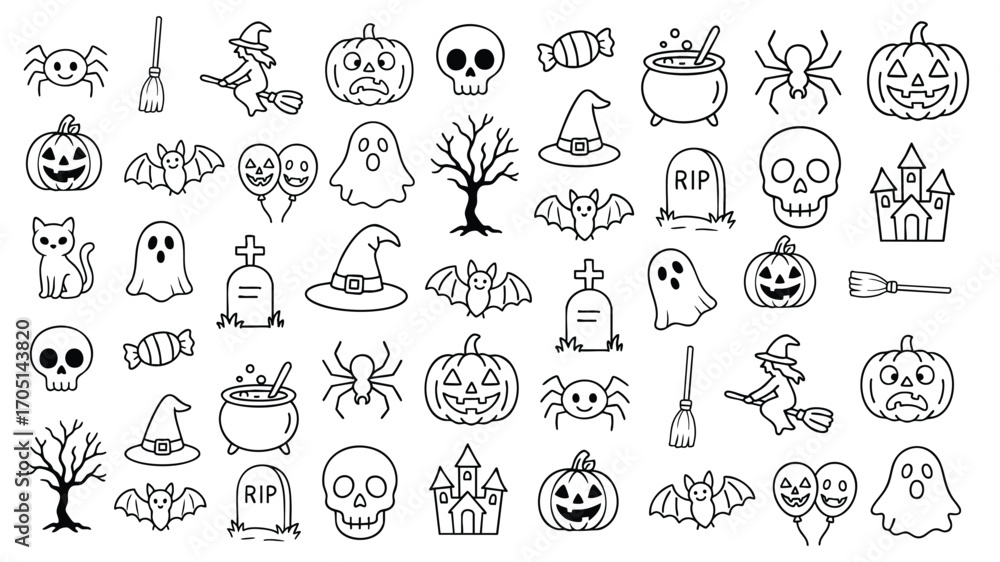Halloween icon collection set with skull pumpkin ghost bat