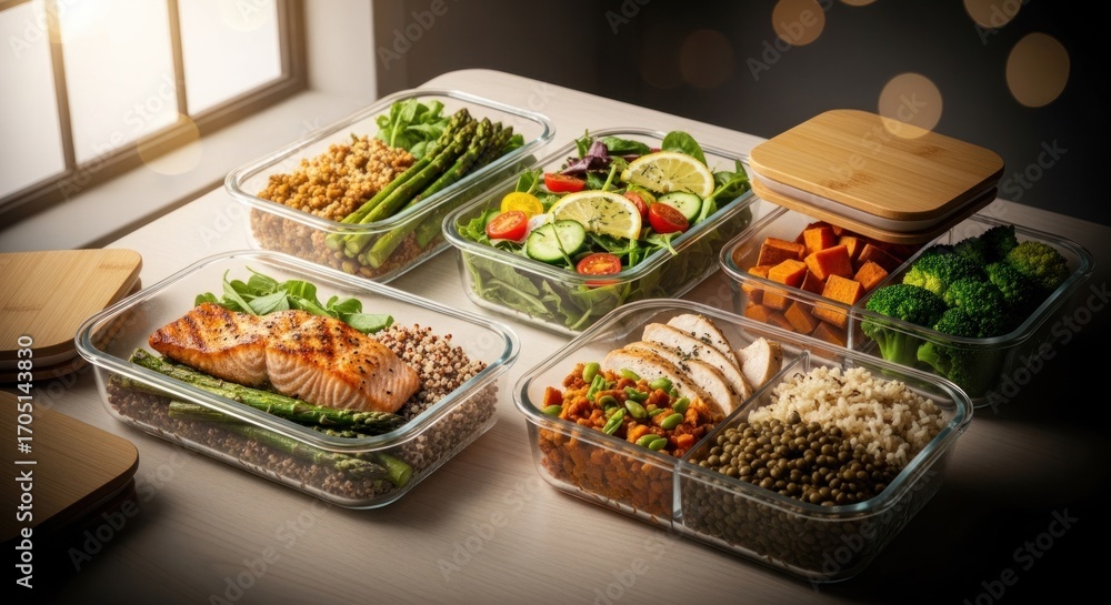 Fototapeta premium Assorted healthy meal prep in glass containers on a bright table near a window