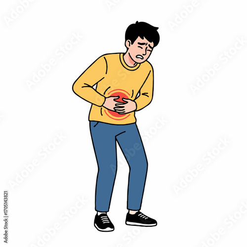 Vector Illustration of Man with Stomach Ache Holding Belly in Pain