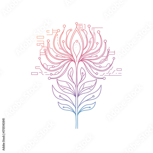 Sustainable Tech Growth Vector Illustration: Blending Nature's Organic Forms with Digital Circuitry for Innovation