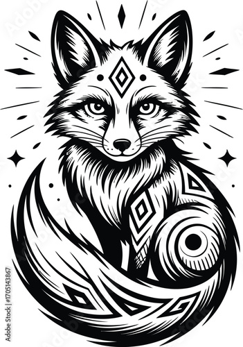 Black and white fox illustration with tribal patterns