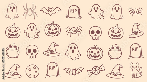 Pastel halloween icons set with ghost pumpkin skull spider