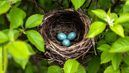 Bird's nest with eggs in a tree