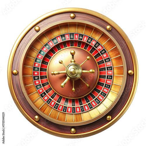 Realistic casino roulette wheel with gold accents on black background gambling game
