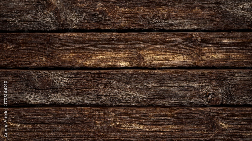 Fototapeta premium Dark brown natural wooden texture background with rustic plank surface, vintage timber grain pattern for wallpaper, interior design, digital backdrop, and decorative background element