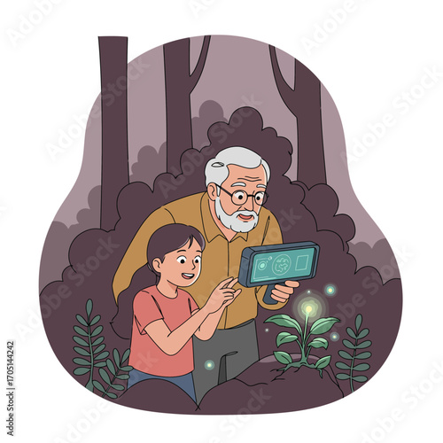 Intergenerational Discovery: Grandfather and Child Exploring Nature with Augmented Reality Technology Vector Illustration