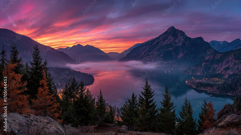 Fototapeta premium Panoramic mountain lake sunrise