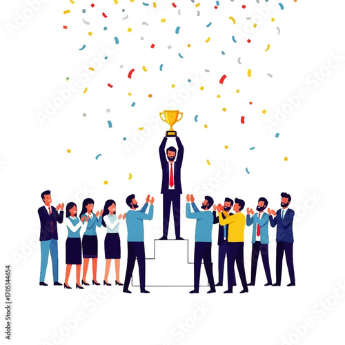 A successful businessman stands on a winners podium holding a gold trophy, celebrated by his cheering team with confetti