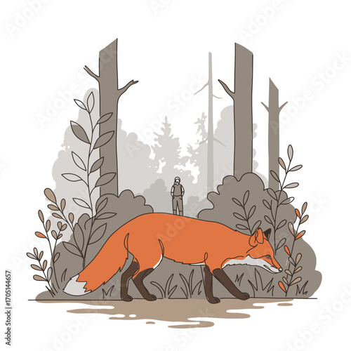 Quiet Forest Discovery Vector Illustration: A Red Fox Navigating Nature's Path Under a Distant Human Gaze