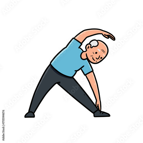 Elderly man doing stretching exercise while smiling indoors  