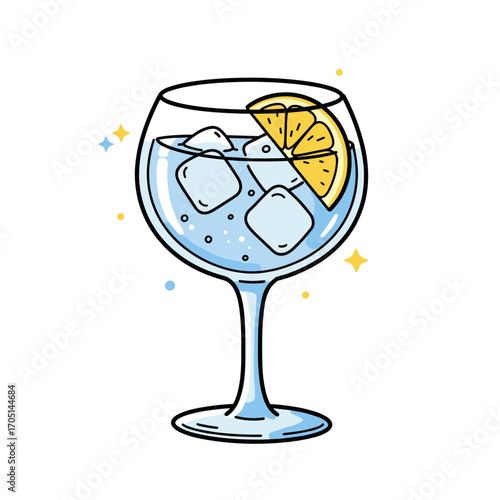 Glass of gin and tonic with ice and lemon slice on white background  