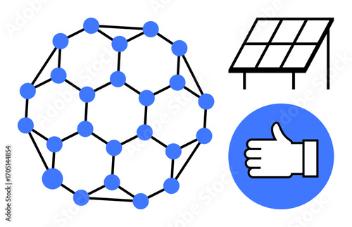 Blue molecular structure, solar panel, and thumbs-up symbolizing science, sustainability, innovation, technology, renewable energy, environmental impact and teamwork. Ideal for renewable energy