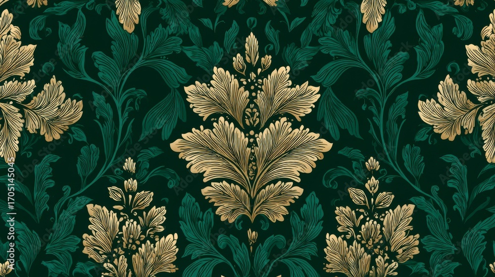 Elegant gold damask floral pattern on emerald green and charcoal seamless luxury wallpaper design, stylish ornamental vintage motif background for modern home decor and 2025 interior design trends