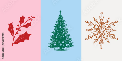 Crayon Christmas tree, holly branch and snowflake illustration in vintage sketch style. Festive cards, packaging, invitations.