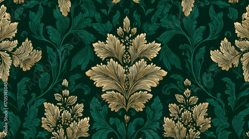 Elegant gold damask floral pattern on emerald green and charcoal seamless luxury wallpaper design, stylish ornamental vintage motif background for modern home decor and 2025 interior design trends