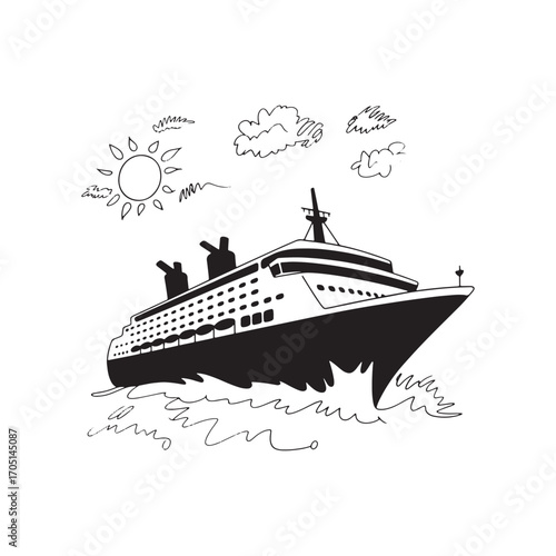 A Whimsical Cruise Ship Voyage A Hand Drawn Illustration of a Ship Sailing Under the Sun with Clouds