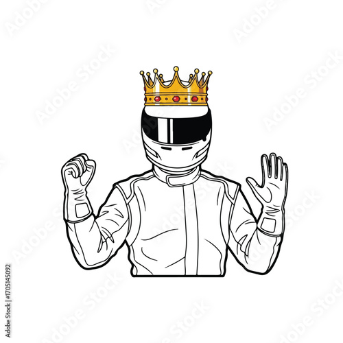A racing driver wearing a white suit and helmet, adorned with a golden crown, striking a triumphant pose with fists clenched and one hand raised.