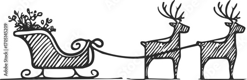 Santa sleigh with reindeer in vintage crayon sketch style. Classic Christmas illustration for festive cards, posters.