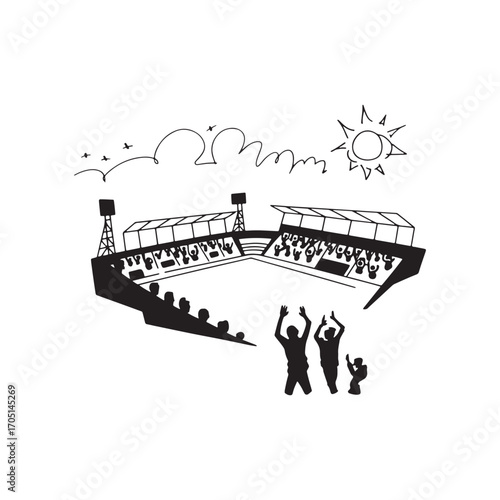 Monochrome Depiction of Cheering Crowd at a Sporting Event in a Large Stadium Under a Sunny Sky with Birds