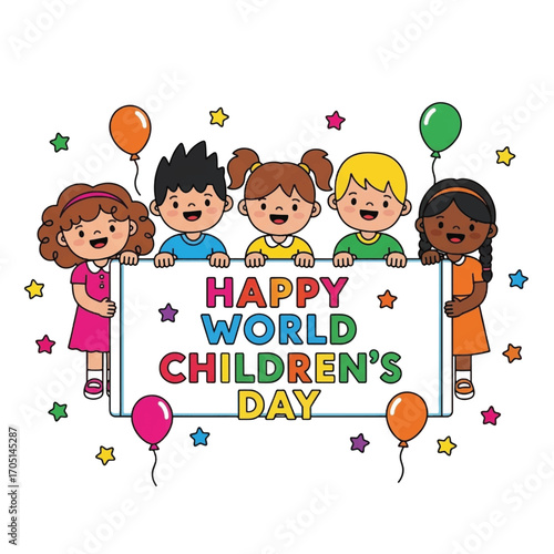 Celebration of International Children's Day with Kids and Balloons