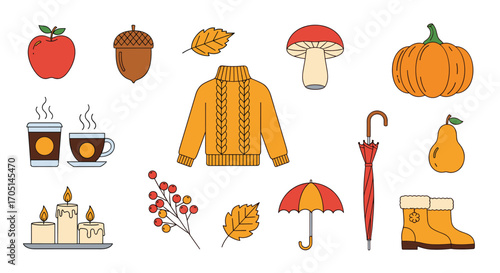 Autumnal season elements for illustrations and designs featuring cozy and warm items.