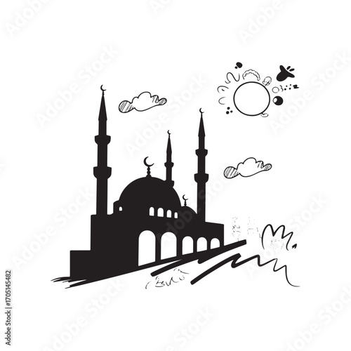 Silhouette of a Mosque with Minarets Under a Whimsical Sky Filled with Clouds and Abstract Celestial Bodies Art