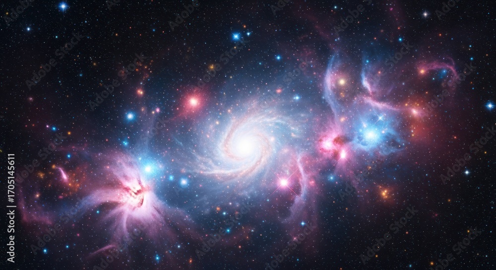 Fototapeta premium Grand spiral galaxy with blue, red, and pink nebulous regions