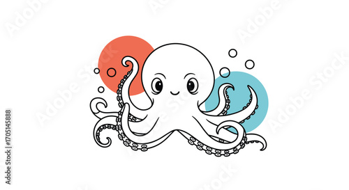 An adorable cartoon octopus with big eyes and eight wavy arms is floating among colorful circles and bubbles.