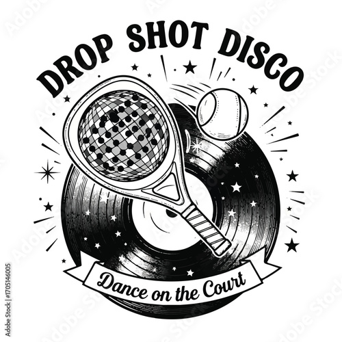 A black and white illustration featuring a tennis racket with a disco ball inside, a tennis ball, and a vinyl record, with the text "DROP SHOT DISCO" and "Dance on the Court".