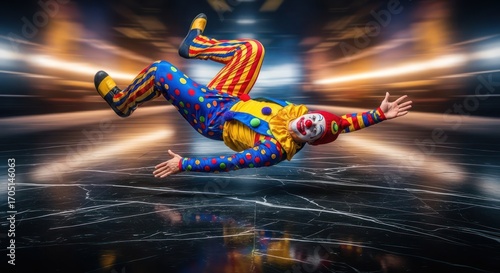 Weightless whimsical clown in mid-air tumbling against blurry cosmic background spectacle