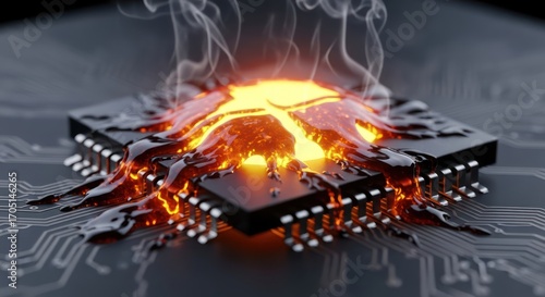 Meltdown scenario: CPU chip with thermal damage exhibiting a hardware malfunction failure