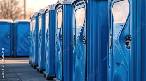 Row of blue portable toilets outdoors in sunlight showing sanitation cabins for public event use