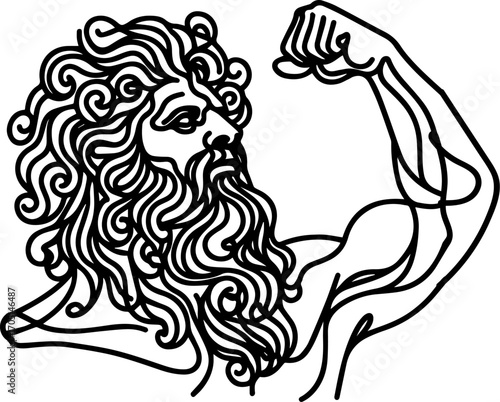 Strong bearded man flexing muscles in line art style  