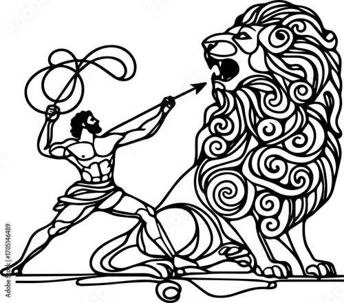Hercules battling a lion with a whip in ancient style illustration  