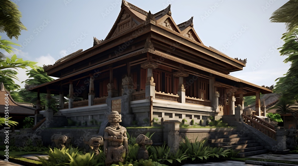 Naklejka premium Tranquil Traditional Balinese Architecture Featuring Stone Statues and Lush Tropical Greenery