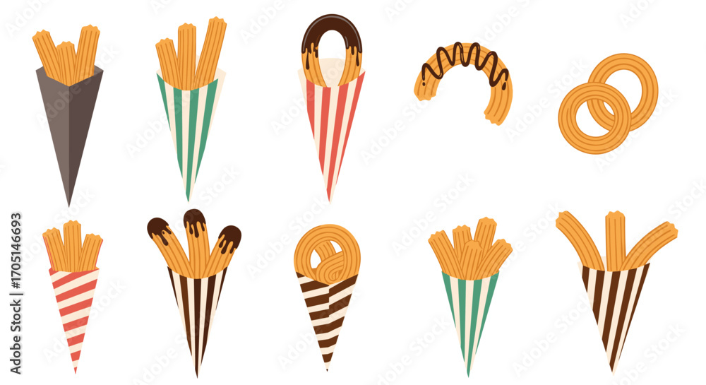 Fototapeta premium A collection of delicious fried dough treats and french fries served in various cones and baskets.