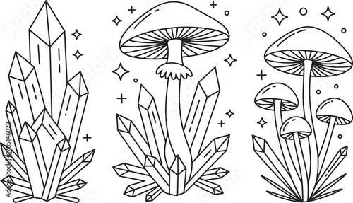 Black and white line art crystals and mushrooms with stars