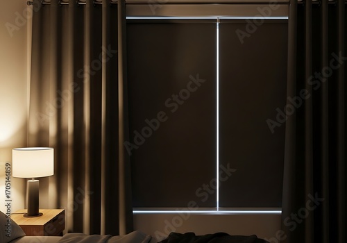 Bedroom scene with blackout blinds and curtains at night time ambiance