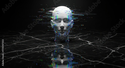 Abstract marble figure with glitch effect representing digital distortion and artificial presence