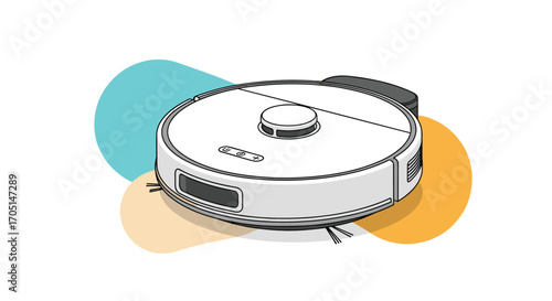 An illustration of a modern robotic vacuum cleaner autonomously cleaning floors with colorful abstract shapes in the background.