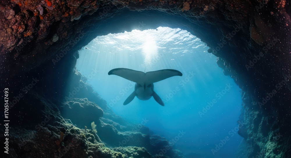 Obraz premium Graceful manta ray swims towards the sunlight in a vibrant underwater cave environment